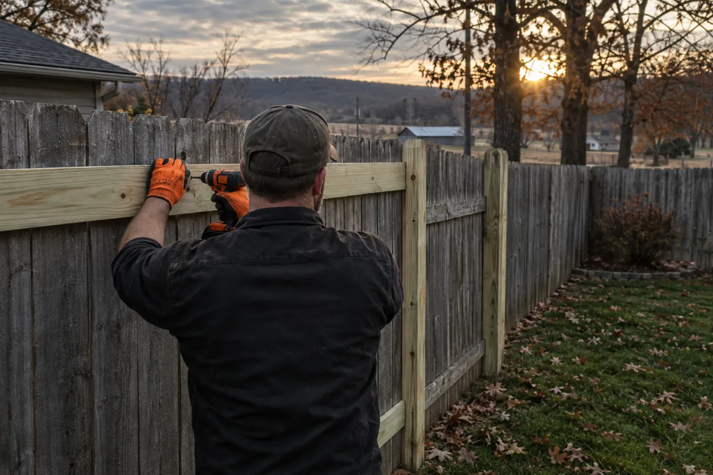 New rail being fastened to a weathered wooden privacy fence