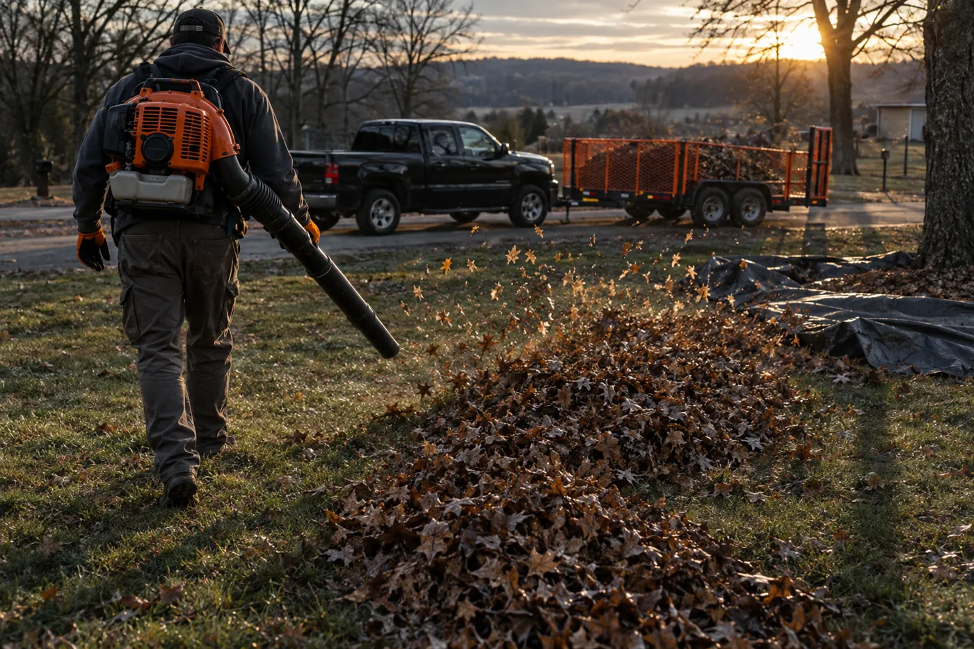 Backpack blower pushing a windrow of oak leaves across a lawn