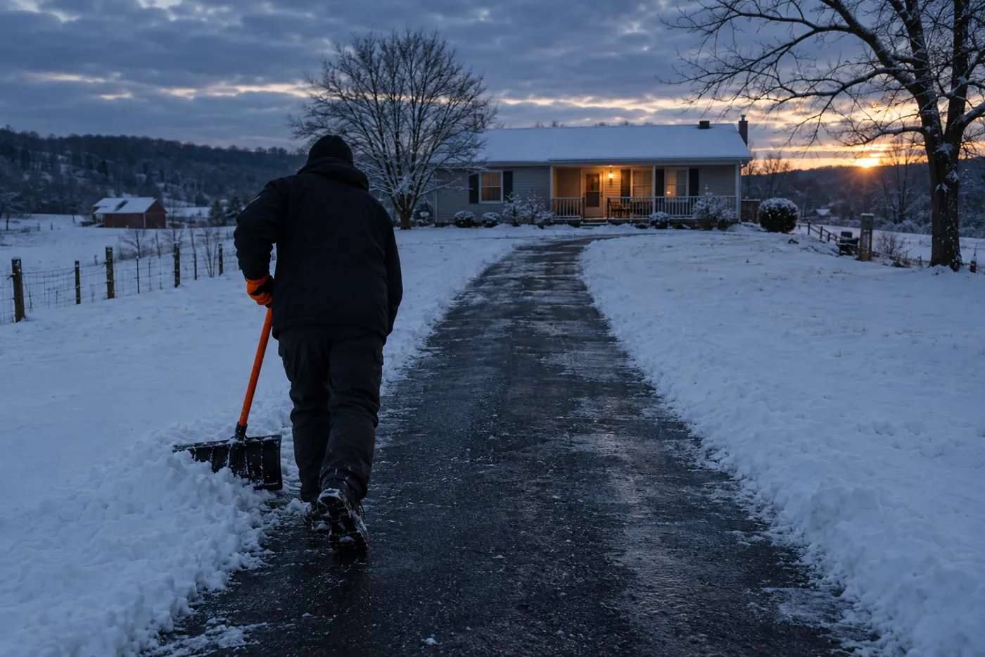 Snow being shoveled off a residential driveway at dawn