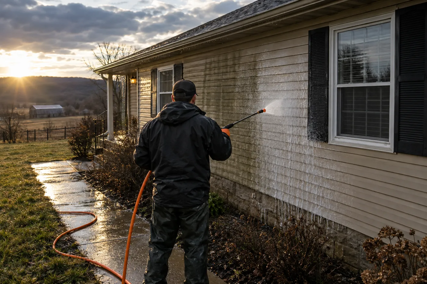 Vinyl siding being soft washed on a ranch house