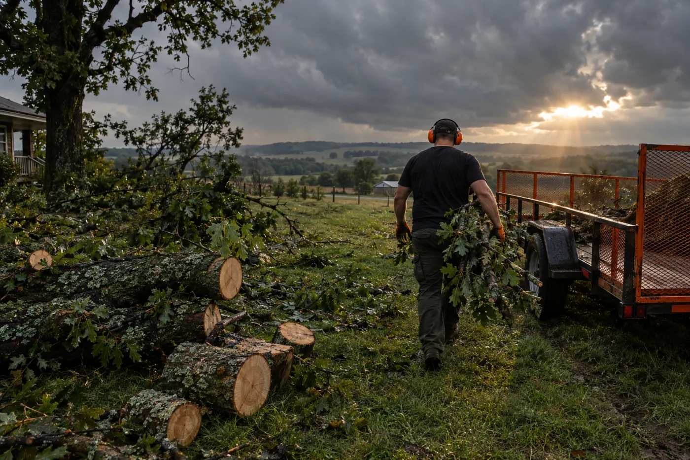 Downed oak limb being cut and loaded onto a trailer after a storm