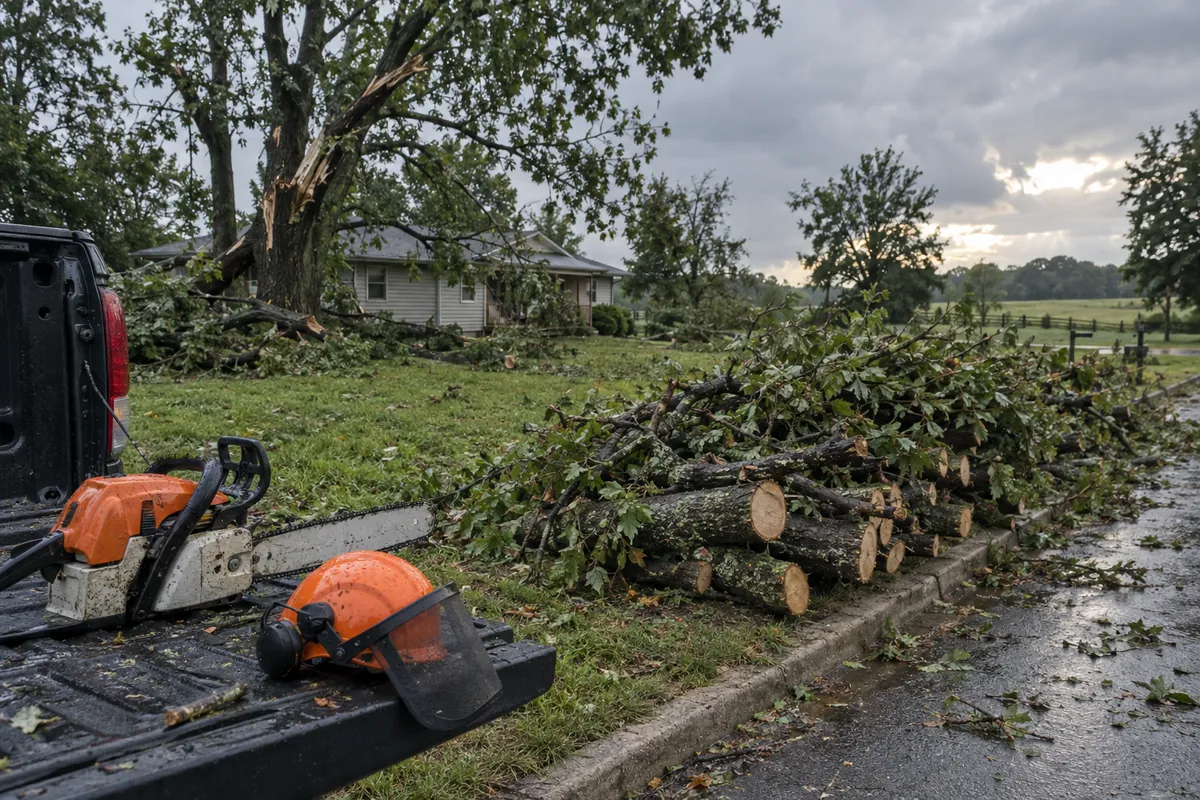 Storm debris being cleared from a yard